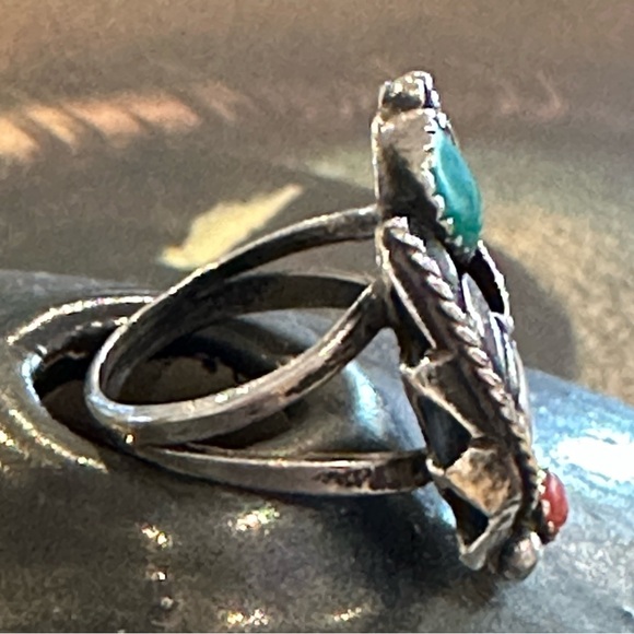 Vintage Old Pawn Sterling Silver Turquoise & Coral Statement Ring size 7 - Picture 4 of 8